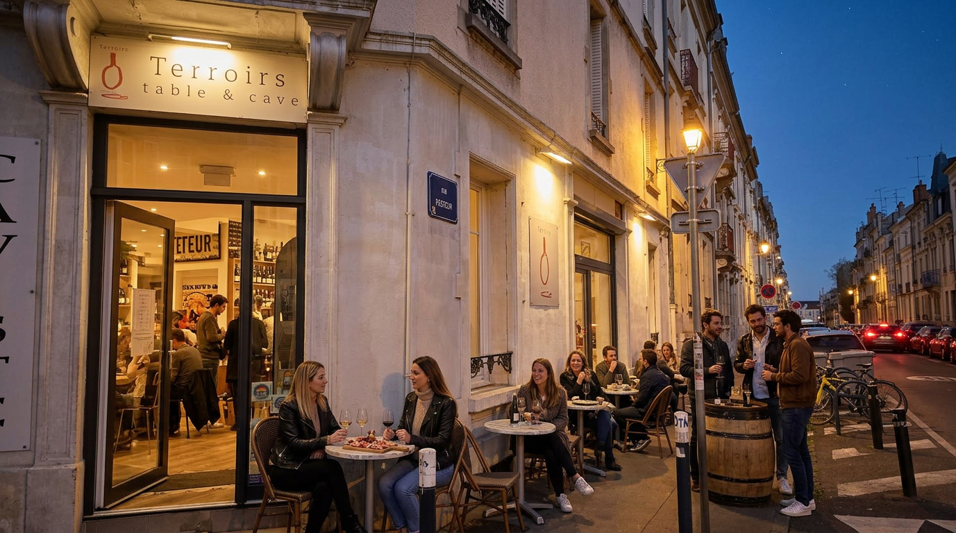 Ambiance nocturne dans la cave à vins du restaurant Terroirs à Nancy, lumière douce et bouteilles alignées